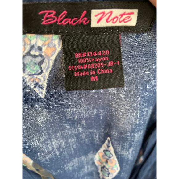 Black Note Surplice Blouse Top Blue Long Sleeve Deep V-Neck Geo Print Size M - Picture 4 of 4